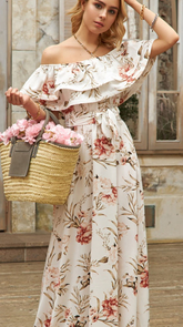 Trägerloses, asymmetrisches Satinkleid mit Blumenmuster